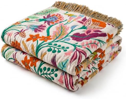 Boho Throw Blanket, 100% Soft Cotton Floral Quilt, Twin 60"x 80"