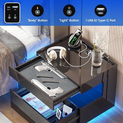 HNEBC High‑Gloss LED Nightstand Set of 2 with Gun Drawers for Bedroom-Black