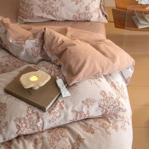Monet Flower Duvet Cover King 3 Pieces Retro Jacquard Floral Bedding Set,Linen Cotton Yarn-Dyed Textured Comforter Cover with Bowknot-104 x90,Pumpkin
