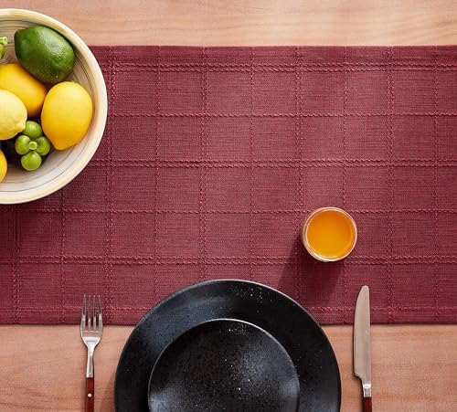 ZeeMart Linen Checked Farmhouse Table Runner, 13x36 Inches Burgundy