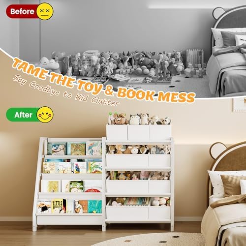 Toy Storage and Kids Bookshelf, toy organizer with 9 Bins+ 4 Tier Bookshelf
