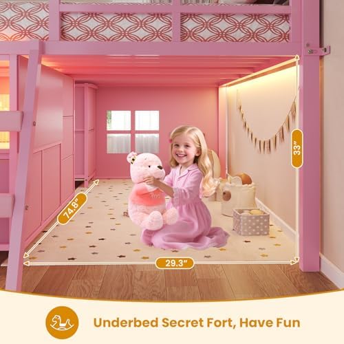 ADORNEVE Kids Low Loft Bed Full with 7 Drawers, Bookcase, Safety Guardrail