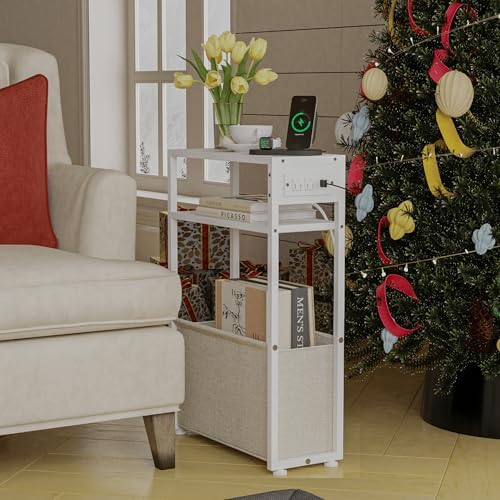 Leomonio Narrow Side Table, Slim Night Stand with Magazine Rack
