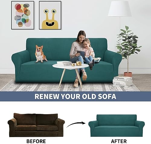 JIVINER High Stretch 1-Piece Jacquard Small Checks Couch Covers for 2 Cushion Couch Anti Slip Love Seat Sofa Covers Loveseat Slipcovers Protector for Kids Pets (Loveseat, Blakish Green)
