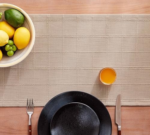 ZeeMart Linen Checked Farmhouse Table Runner, 13x108 Inches Taupe