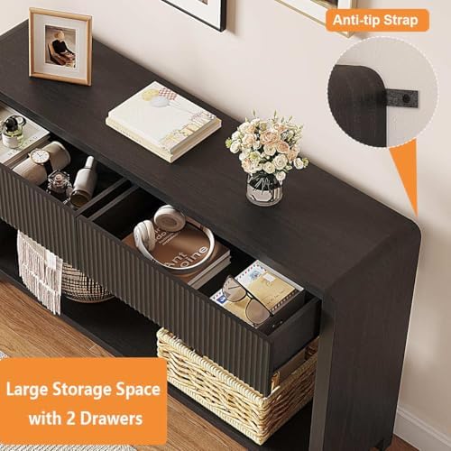 FATORRI Console Table with Storage for Entryway, 47.2 Inch Modern Black Sofa Table with 2 Drawers for Living Room, Wood Hallway Tables Behind Couch for Foyer, Bedroom, Dining
