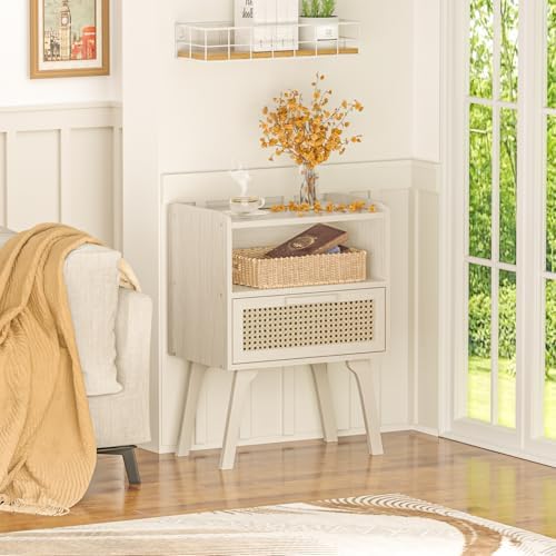 Lerliuo Rattan Nightstands Set of 2, Side Table with Drawer Open Shelf
