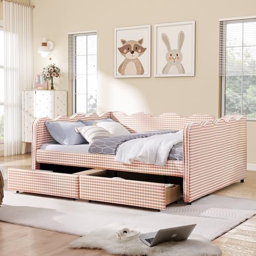 Queen Size Daybed with Storage Drawers, Linen Gingham Daybed with USB Ports & Wave Shaped, Upholstered Day Bed Frame, Modern Sofa Bed for Living Room/Bedroom/Guest Room, No Box Spring Needed, Pink