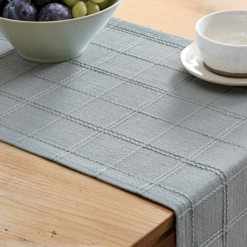 ZeeMart Linen Checked Farmhouse Table Runner, 13x36 Inches Chambray