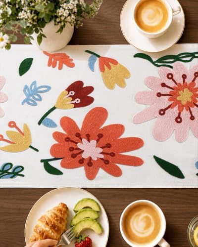 Canvas Embroidered Narrow 13"x 36" Table Runner, Colorful Flower