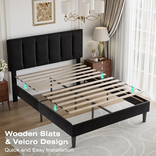 VECELO Full Size Bed Frame with Upholstered Headboard, Velvet & Black