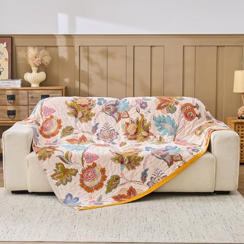 XIBLC Boho Throw Blanket 100% Cotton Vintage Blanket Muslin Woven Flower Decorative Throw Blankets All Season Bohemian Rustic Farmhouse Decor Quilt for Bed (Beige 80"x90")