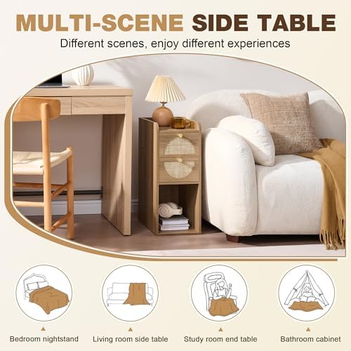 Narrow Nightstand Set of 2 (Rattan & Wood) - Small Bedside Table with 2 Drawers, Open Shelf, Mid Century Modern End Table - for Bedroom, Living Room & Small Spaces, Rustic Oak Rattan