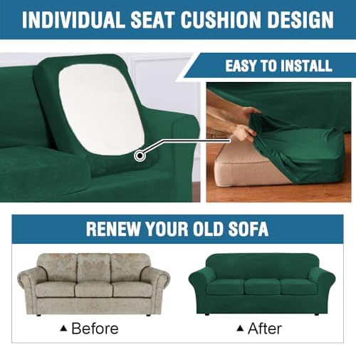H.VERSAILTEX Modern Velvet Plush 4 Piece High Stretch Sofa Slipcover Furniture Protector Form Fit Velvet Extra Large Sofa Cover for 3 Cushion Couch Width Up to 105 Inch(XL Sofa, Vintage Green)