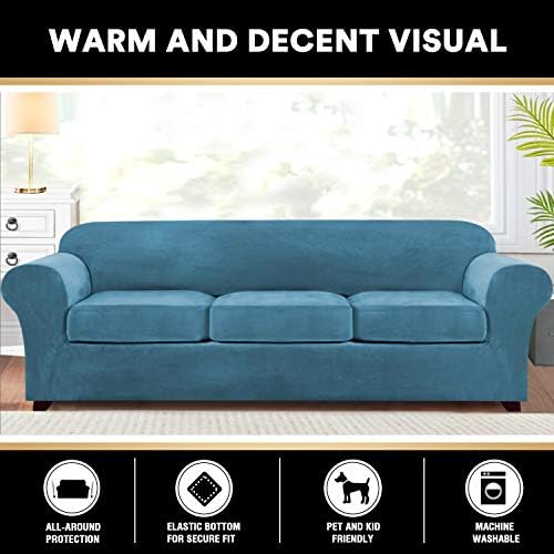 PrinceDeco Velvet XL Couch Cover for Oversized Sofa 4 Piece Sofa Covers for 3 Cushion Couch Washable Furniture Protector with Non Slip Elastic Bottom Width Up to 97 Inch(X-Large, Blue)