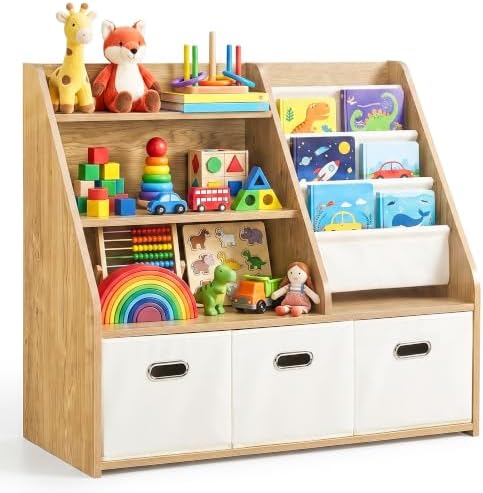 Kids Bookshelf & Toy Storage Organizer, 4‑Tier Sturdy Toddler Book Shelf with Removable Fabric Bins for Classroom, Playroom, Bedroom, 32" W x 16" D x 32" H