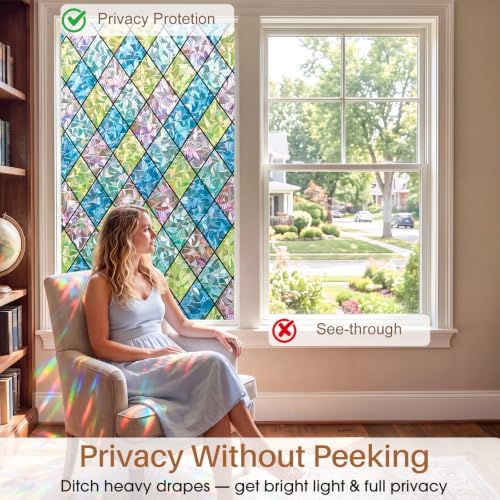 Sunbaby Stained Glass Winodw Film, Rainbow Lattice Stickers, 17.5" x 78.7"