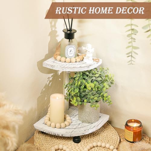 Tikea 2-Tier Wood Riser for Decor, Farmhouse Bathroom Corner Counter Shelf