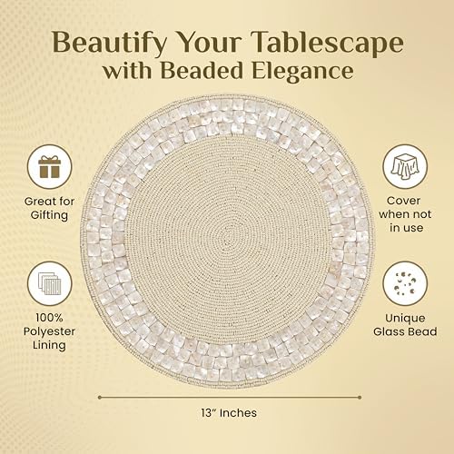 ALPHA Living HOME Beaded Placemats 13 Inch Round, Ivory Pack of 2