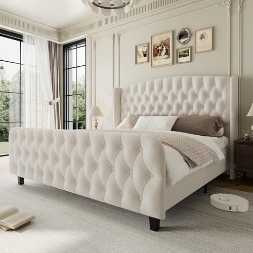 GarveeHome 51" Tall Queen Size Bed Frame with Wingback Headboard, Cream