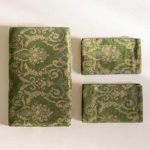Olive Green Duvet Cover Set King,Reversible Medallion Flower Print Bedding Set Linen Cotton Yarn-Dyed Textured Bohemian Duvet Cover with Zipper Closure-104 x90