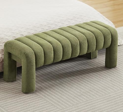 43.3" Boucle Bed Bench for Bedroom, Upholstered Linen Bench, Green