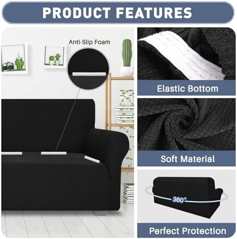 JIVINER High Stretch 1-Piece Jacquard Small Checks Couch Covers for 2 Cushion Couch Anti Slip Love Seat Sofa Covers Loveseat Slipcovers Protector for Kids Pets (Loveseat, Black)