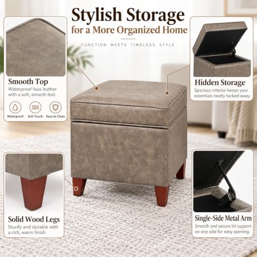Adeco 17.5" Square Storage Ottoman, Faux Leather Flip Top Footstool & Coffee Table, Upholstered Foot Rest with Wood Legs, Small Extra Seat for Living Room & Bedroom, Coffee Brown