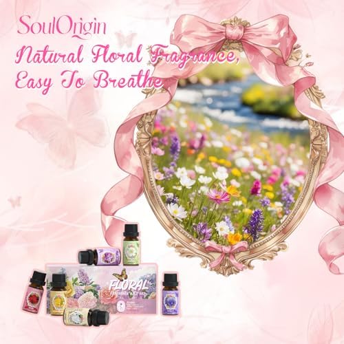 Soulorigin Floral Essential Oils Set, Fragrance Oil Gift Set for Diffuser, Natural Scent Diffuser Oil for Candle Making- Rose, Gardenia, Jasmine, Honeysuckle, Violet, Lilac