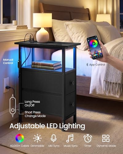 SONGMICS Side Table with LED Light, Narrow End Table with 2 Fabric Drawers