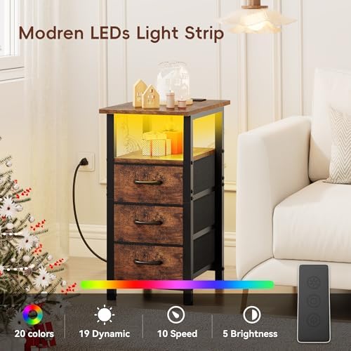 Vagusicc Nightstand with Charging Station and LED Lights, Narrow End Table, LED Night Stand with 3 Fabric Drawers for Bedroom, Small Bedside Table, Narrow Side Table for Small Spaces, Rustic Brown
