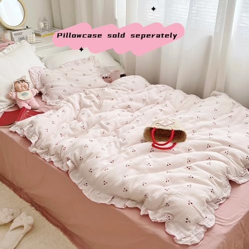 Muslin Cotton Duvet Cover with Ruffles, Cherry Print, No Pillow