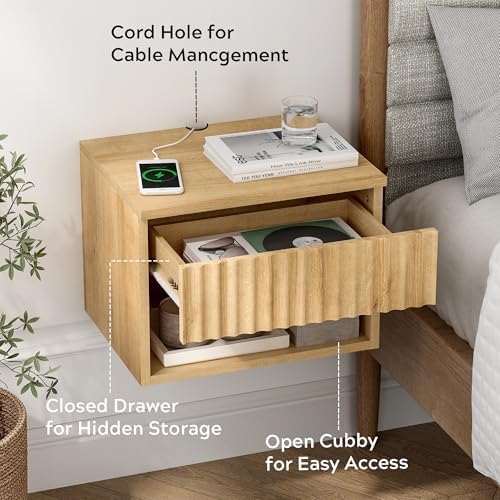 EYYTHUNG Fluted TV Stands Set of 4, Modern Small Floating Nightstand with Drawer and Open Storage Shelf Night Stand Wall Mounted Bedside Tables Natural Oak