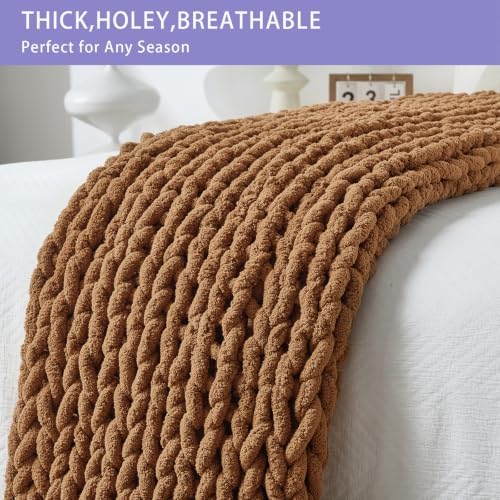 Bigacogo Chunky Knit Throw Blanket for Couch, 40x80 inches, Caramel