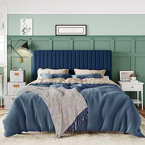 Allewie Full Bed Frame, Velvet Upholstered Platform Bed with Adjustable Vertical Channel Tufted Headboard, Mattress Foundation with Strong Wooden Slats, Box Spring Optional, Easy Assembly, Navy Blue