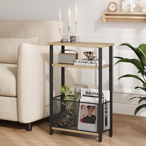 MMEOLUOOK Narrow Side Table with Storage Basket Skinny End Tables for Smalls Spaces 3 Tier Sofa Table Small Nightstand Slim Bedside Table for Living Room Bedroom Greige MLBZ22GR