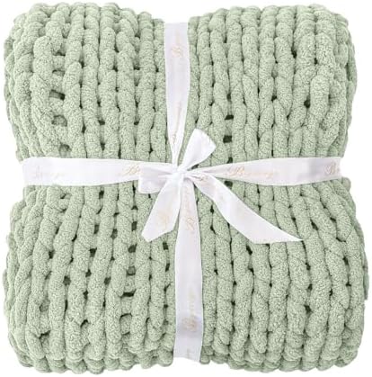 Bigacogo Chunky Knit Throw Blanket for Couch, 40x40 inches, Sage Green