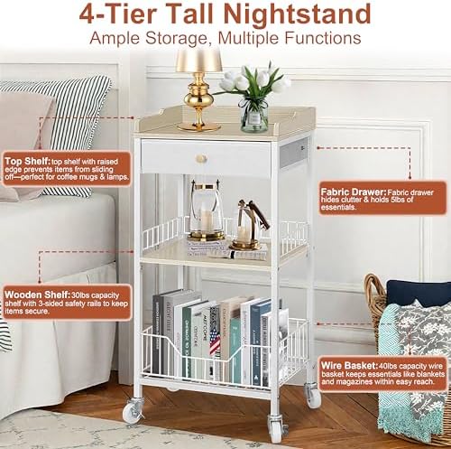 4-Tier Small Side Table with Wheels & Drawer, White & Natural