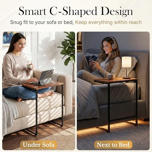 SUPER DEAL Nesting Tables Set of 3, Industrial C Shaped End Table Stackable Coffee Table Heavy Duty Metal Frame for Small Space, Living Room, Bedroom, Side Table Tray for Laptop Snack, Rustic Brown