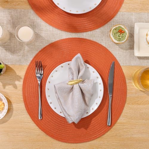 SHACOS Round Placemats Set of 4 for Dining Table Autumn Fall Round Braided Place Mats Washable Non Slip Kitchen Table Mats Decor, Bright Orange