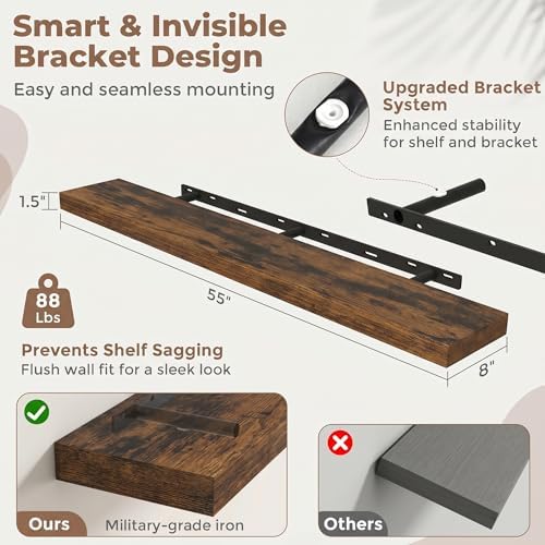 55 Inch Floating Shelves for Wall, 8"D Wood Storage Shelves, Brown Finish