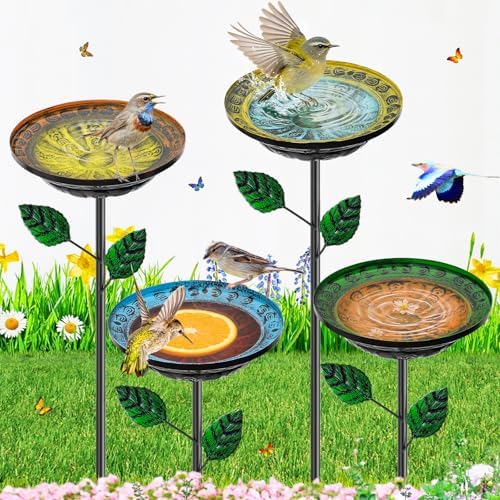 4 Pack Bird Bath for Outside, Garden Birdbath & Feeder Bowl with Stakes