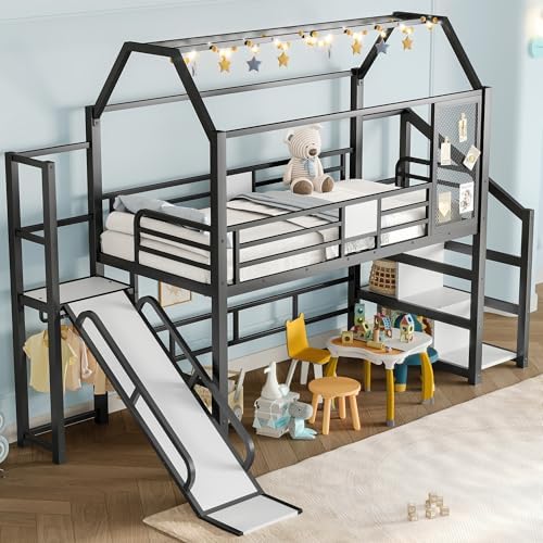 Bellemave Twin Size Metal House Loft Bed with Slide and Stairs,Heavy Duty Playhouse Loft Bed Frame with Storage Shelves for Kids,Teens,Adults,Black