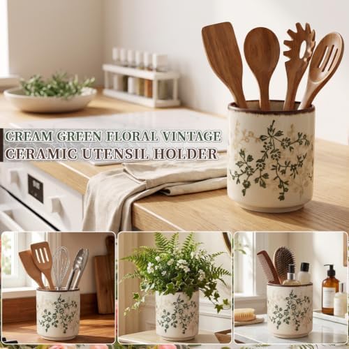 Kitchen Ceramic Utensil Holder 5.5" Rustic Floral Crock Tools Storage