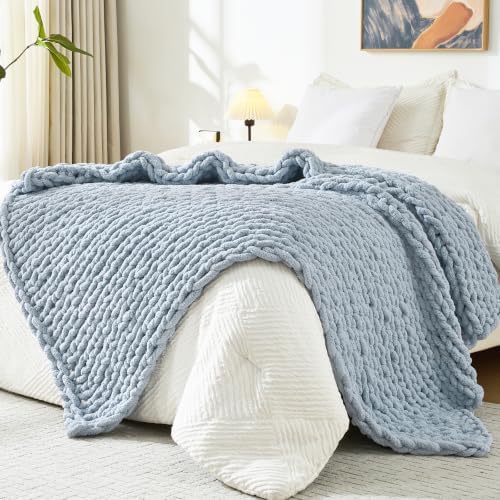 Bigacogo Chunky Knit Throw Blanket for Couch, 51x63 inches, Fog Blue