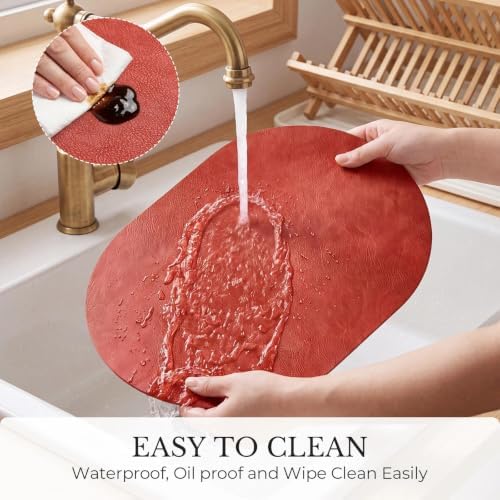 MOSAYT Vinyl Faux Leather Oval Placemats, Set of 8, Red