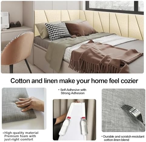 Peel and Stick Headboard for King Bed Linen Fabric Upholstered Wall Mounted Headboard - Wall Padding Panel in Beige for Bedroom/Living Room/Dorm (8 Panels)