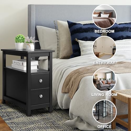 SUPER DEAL End Table Set of 2, Narrow Side Table with 2 Drawers and Storage Shelf, 3 Tier Sofa Table Couch SideTable for Living Room Bedroom Apartment Small Spaces, Black