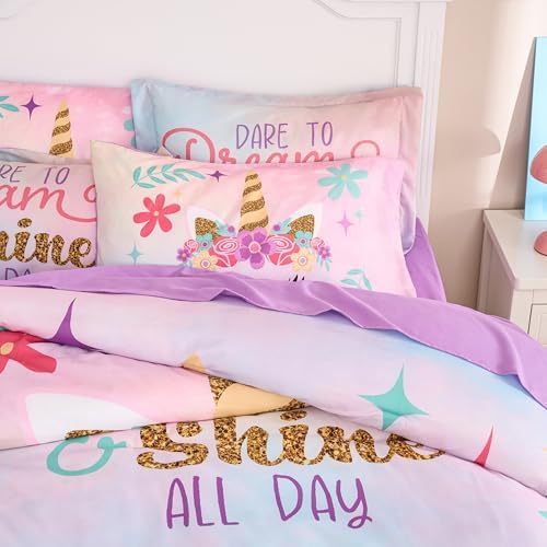 Joiedomi Kids Comforter Set Bedding Set for Boys Girls Super Soft Microfiber Bed in a Bag with Comforter Sheets Pillowcase Sham, Pink Purple Unicorn, Twin
