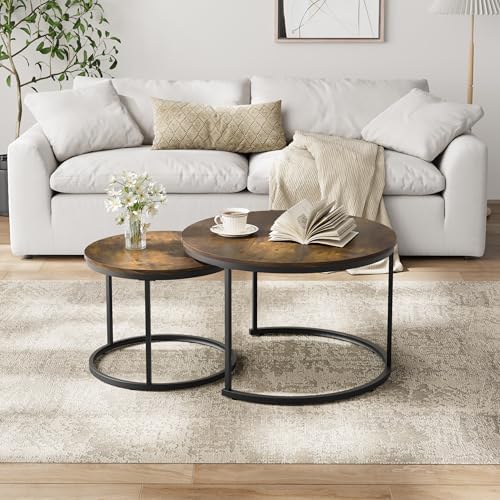Smuxee Rustic Nesting Coffee Table Set of 2, 27.6" Round Coffee Table Wooden Marble Pattern with Adjustable Non-Slip Feet, Industrial End Table for Living Room Bedroom Balcony